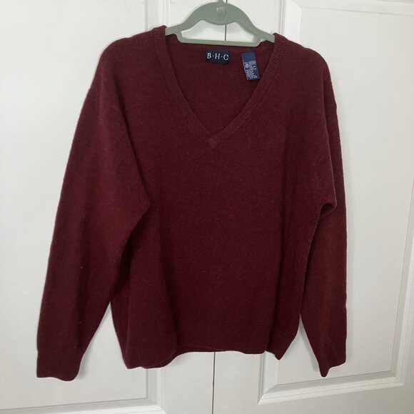 Vintage Sweaters - Vintage BHC Sweater Mens L Lambswool Red Vneck Prep Collegiate Heritage Academia